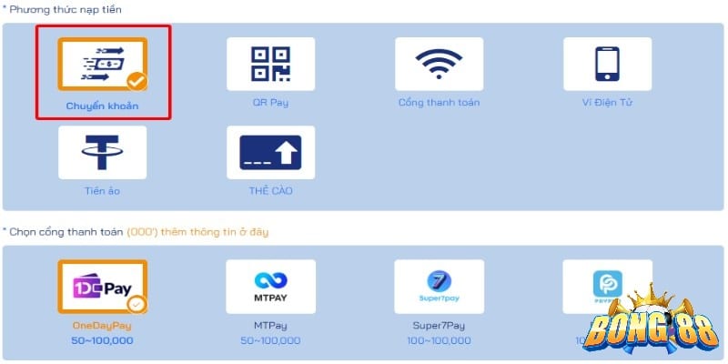 hướng dẫn nạp tiền bong88 đơn giản