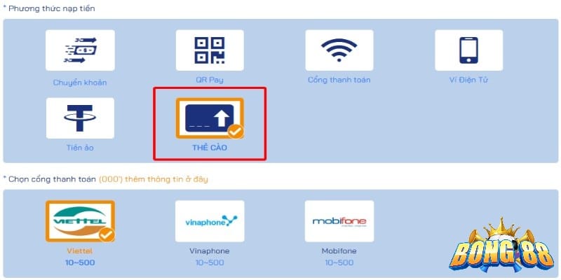 Cách nạp tiền Bong88 bằng phương thức thẻ cào điện thoại